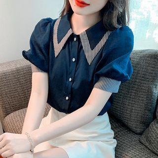 Puff-sleeve Gingham Trim Blouse
