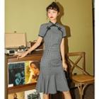 Mandarin Collar Short-sleeve Plaid Ruffle-hem Midi Dress