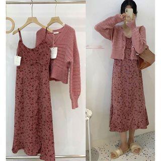 Set : Cropped Cardigan / Spaghetti-strap Corduroy Floral Dress Red - One Size