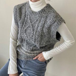 Crew-neck Piped Cable-knit Vest Melange Gray - One Size