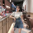 Short-sleeve T-shirt / Distressed Denim Dungaree Shorts / Set