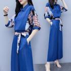 Set: Elbow-sleeve Panel Shirt + Wide-leg Pants