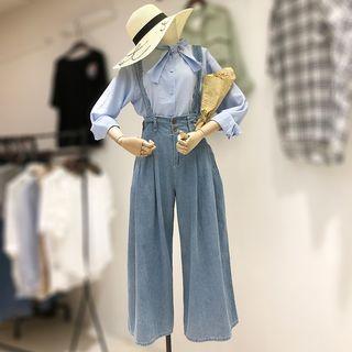 Set: Bow Accent Shirt + Wide-leg Jumper Denim Pants / Bow Accent Shirt / Wide-leg Jumper Denim Pants