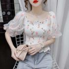Short-sleeve Floral Embroidered Mesh Shirred Top