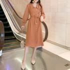 Long-sleeve Collared Sashed Midi A-line Dress