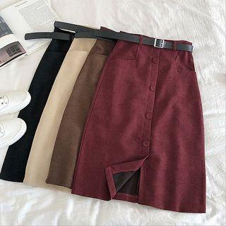 Plain Single-breasted Corduroy High-waist A-line Skirt With Belt
