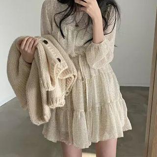 Long-sleeve Flower Print Mini A-line Dress Almond - One Size