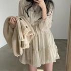 Long-sleeve Flower Print Mini A-line Dress Almond - One Size