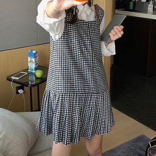 Gingham Pleated Mini Shift Overall Dress