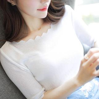 Elbow-sleeve Scalloped Knit Top