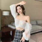 Square-neck Long-sleeve Crop Top / Plaid Wide Leg Pants