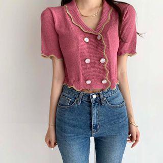 Short-sleeve Contrast Trim Double Breasted Knit Cropped Top