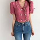 Short-sleeve Contrast Trim Double Breasted Knit Cropped Top