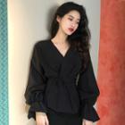 V-neck Peplum Blouse With Cord