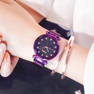 Set: Rhinestone Accent Starry Strap Watch + Lettering Bangle
