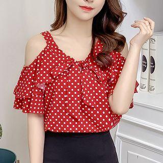 Elbow-sleeve Cold Shoulder Polka Dot Ribbon Top