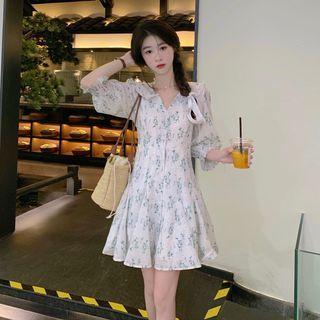 3/4-sleeve Flower A-line Dress