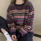 Geometric Jacquard Striped Long-sleeve Knit Sweater Purple - One Size