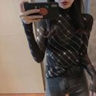 Long-sleeve Mock Neck Sequined Mesh Top Black - One Size