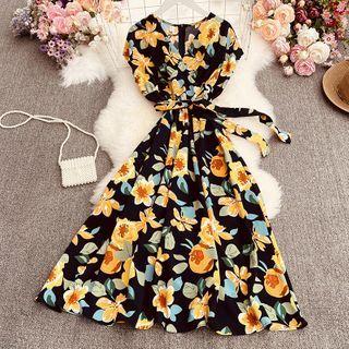 Cap-sleeve Floral Print Maxi Dress