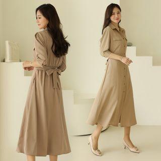 Flap-pocket Tie-back Shirt Dress