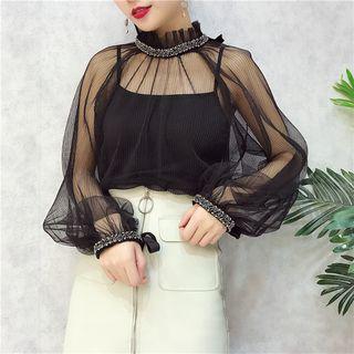 Set: Embellished Long-sleeve Sheer Top + Camisole