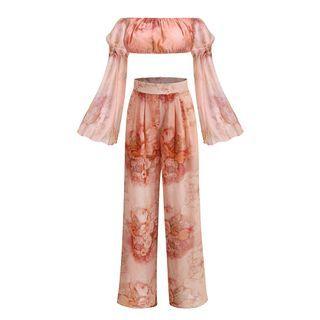 Set: Long-sleeve Off-shoulder Floral Crop Top + Wide Leg Pants