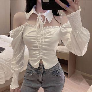 Long-sleeve Cold-shoulder Ruched Top