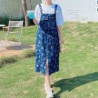 Short-sleeve Lettering T-shirt / Print Denim Midi Overall Dress / Set