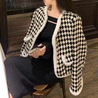 Checkerboard Fluffy Trim Button-up Jacket / Off-shoulder Midi Sheath Dress