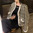 Checkerboard Fluffy Trim Button-up Jacket / Off-shoulder Midi Sheath Dress