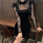 Long-sleeve Mock-neck Lace Panel Velvet Mini Sheath Dress