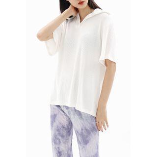 Open-placket Ribbed Knit Polo Shirt White - One Size