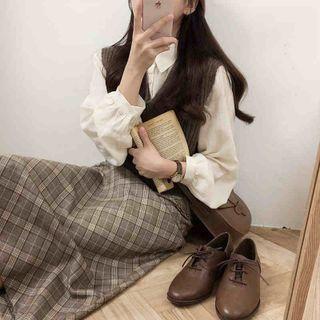 Plain Shirt / Sweater Vest / Plaid Midi A-line Skirt / Set