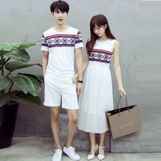 Couple Matching Patterned Short Sleeve T-shirt / Sleeveless Midi Dress