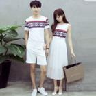 Couple Matching Patterned Short Sleeve T-shirt / Sleeveless Midi Dress