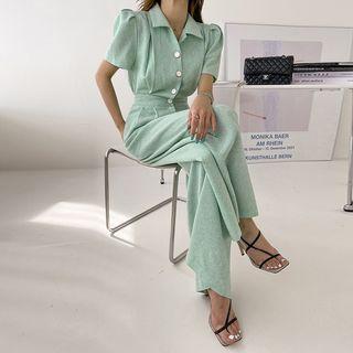 Puff-shoulder Shirtwaist Jumpsuit