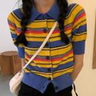Short-sleeve Striped Button-up Knit Top Stripe - Red & Blue & Yellow - One Size