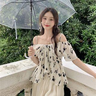 Short-sleeve Off-shoulder Floral Blouse Floral - Beige - One Size