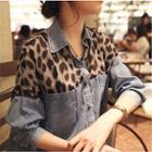 Long-sleeve Leopard Print Panel Denim Shirt As Shown In Figure - One Size