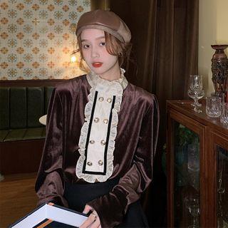 Velvet Long-sleeve Ruffle Blouse