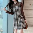 Set: Long-sleeve Mock-neck Top + Spaghetti Strap Gingham Check Mini A-line Dress