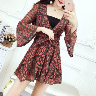 Deep V-neck Patterned Long-sleeve Mini A-line Dress