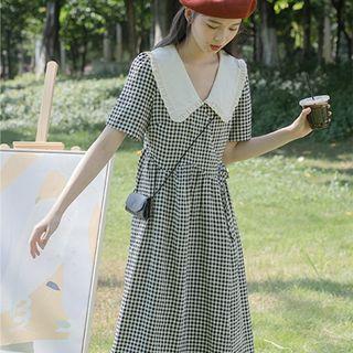 Short-sleeve Collar Gingham Midi Smock Dress