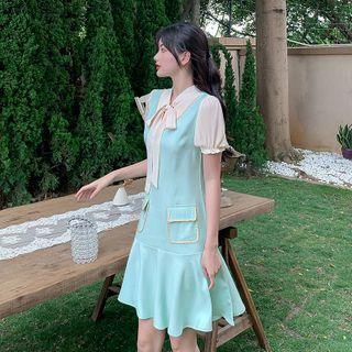 Mock Two-piece Puff-sleeve Tie-neck A-line Mini Dress