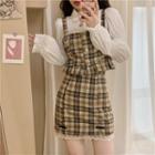 Shirred Blouse / Ruffled Plaid Camisole Top / A-line Skirt