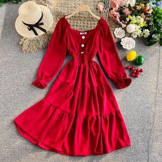 Square-neck Puff Sleeve Maxi Dress
