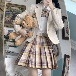Applique Double-breasted Blazer / Plain Shit / Plaid Tie / Mini Pleated Skirt / Set