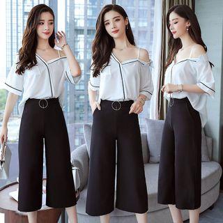 Set: Off-shoulder V-neck Blouse + Cropped Dress Pants