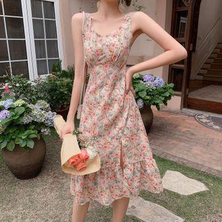 Floral Print Sleeveless Ruffle Hem Midi A-line Dress